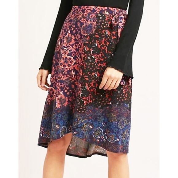 Maeve x Anthropologie Womens Floral Print Faux Wrap Side Tie Knit Skirt High Low - Picture 1 of 11